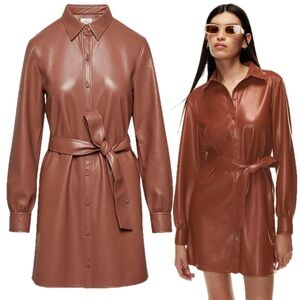 Wilfred Aritzia Caroline Belted Shirt Dress Brown Vegan Faux Leather Pleather